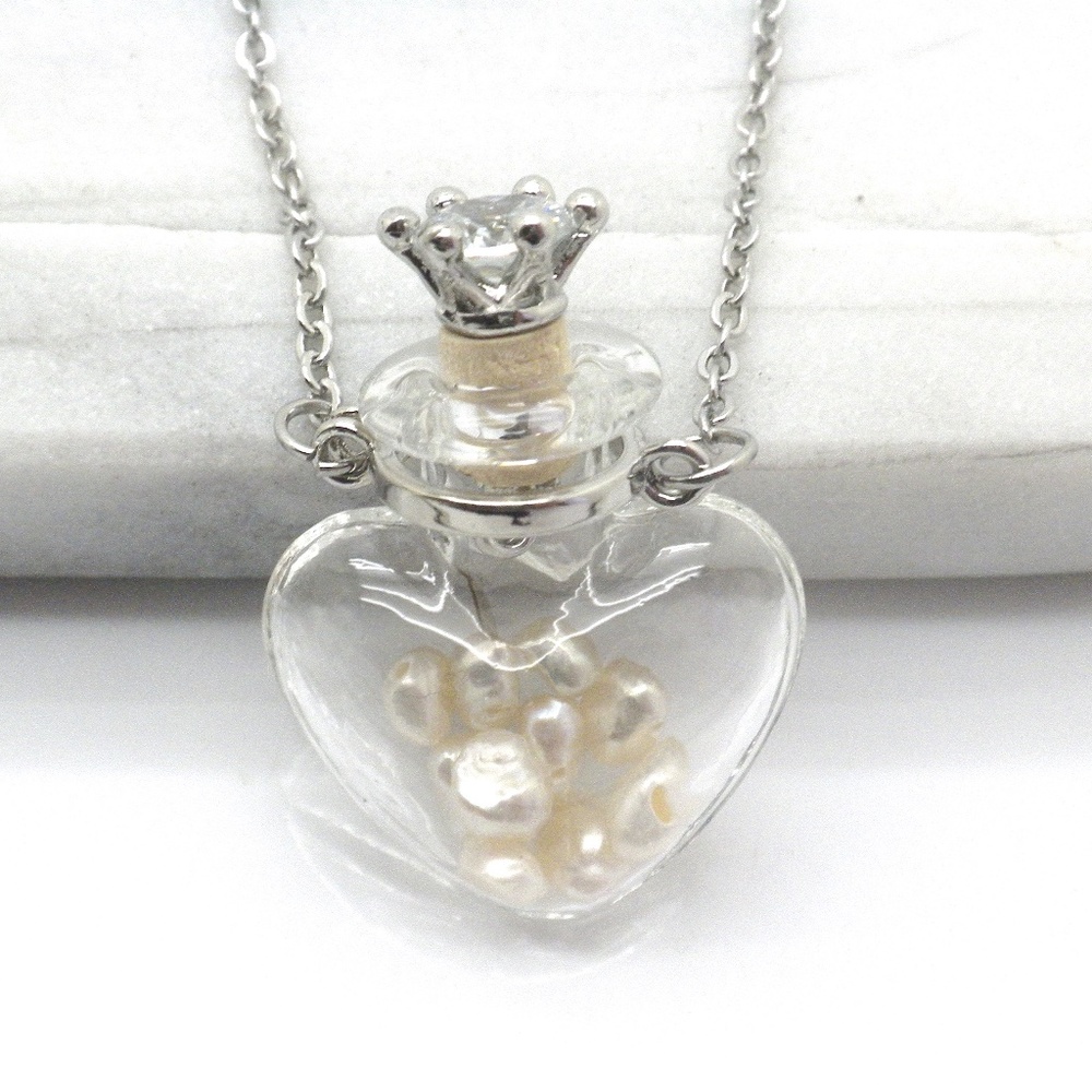 Heart Shaped Glass Bottle Necklace Genuine Pearls